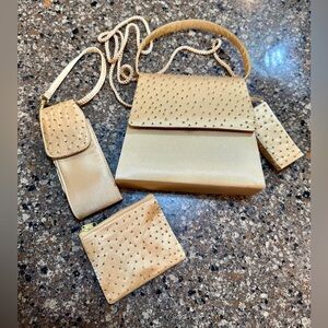 SASHA NEW YORK, GOLD SATIN, BEADED HANDBAG WITH HAND STRAP OR SHOULDER STRAP.